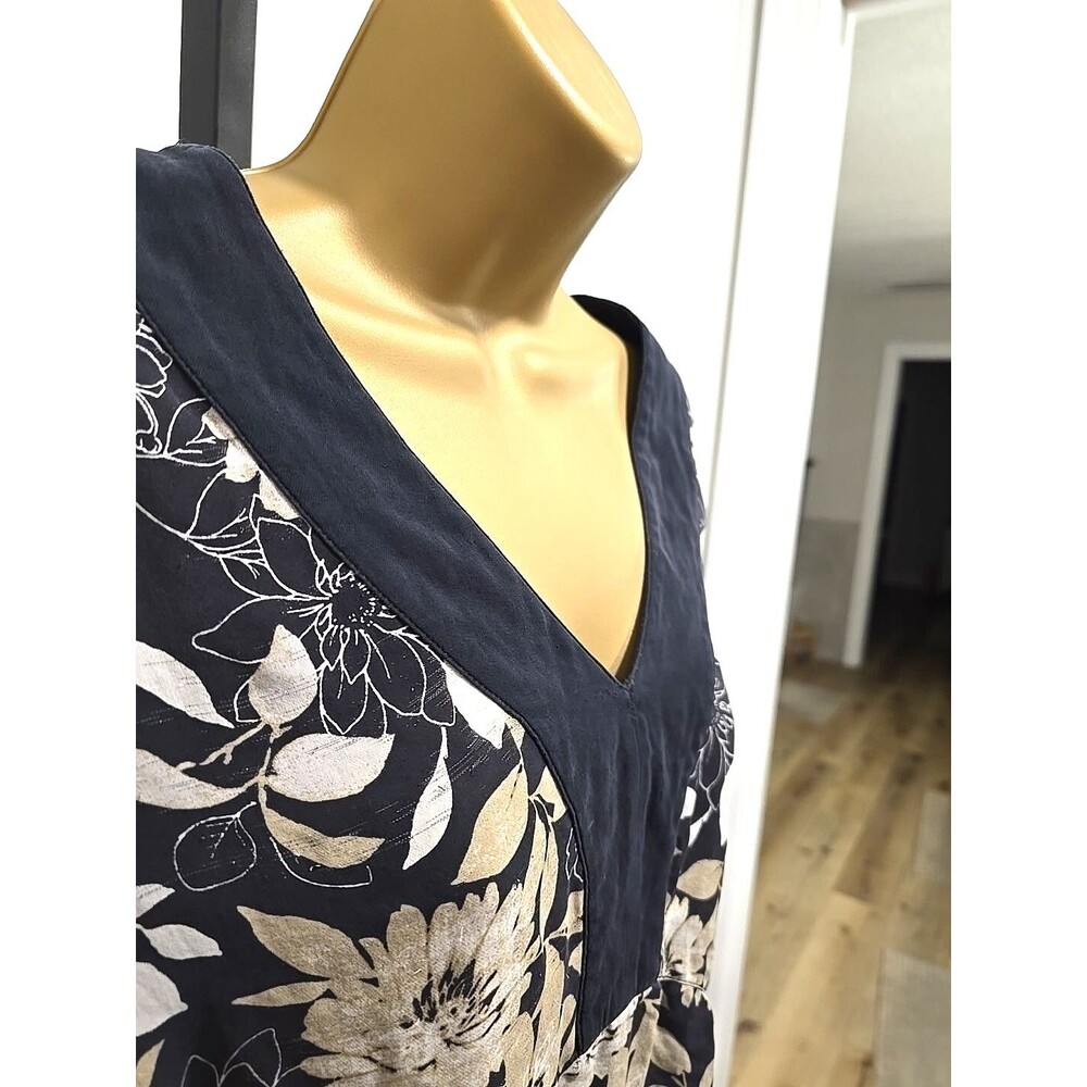 Lane Bryant Silk Pullover Top Sz 14 16 Boho V Neck Floral Black Tan Office